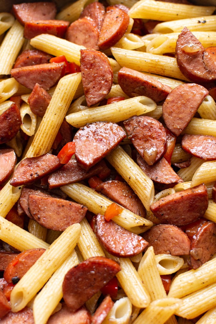 close-up of balsamic smoked sausage pasta