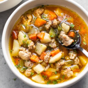 close-up of bratwurst soup