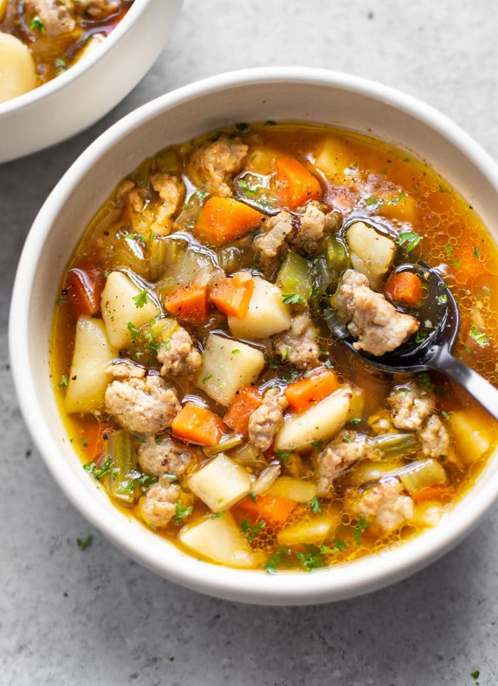 close-up of bratwurst soup