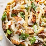 close-up of chicken caesar pasta salad