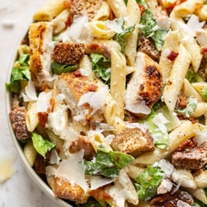 close-up of chicken caesar pasta salad