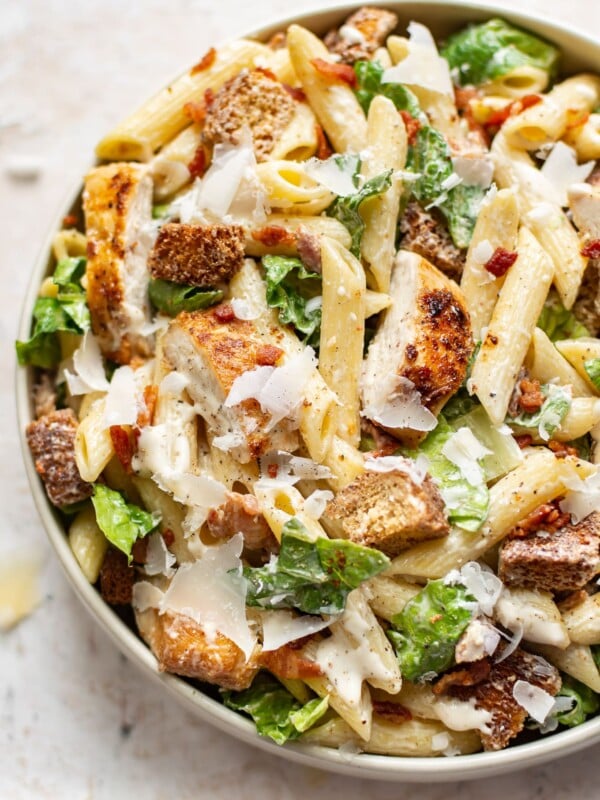 close-up of chicken caesar pasta salad