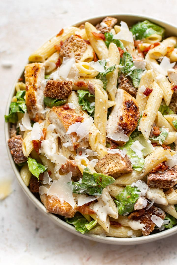 close-up of chicken caesar pasta salad