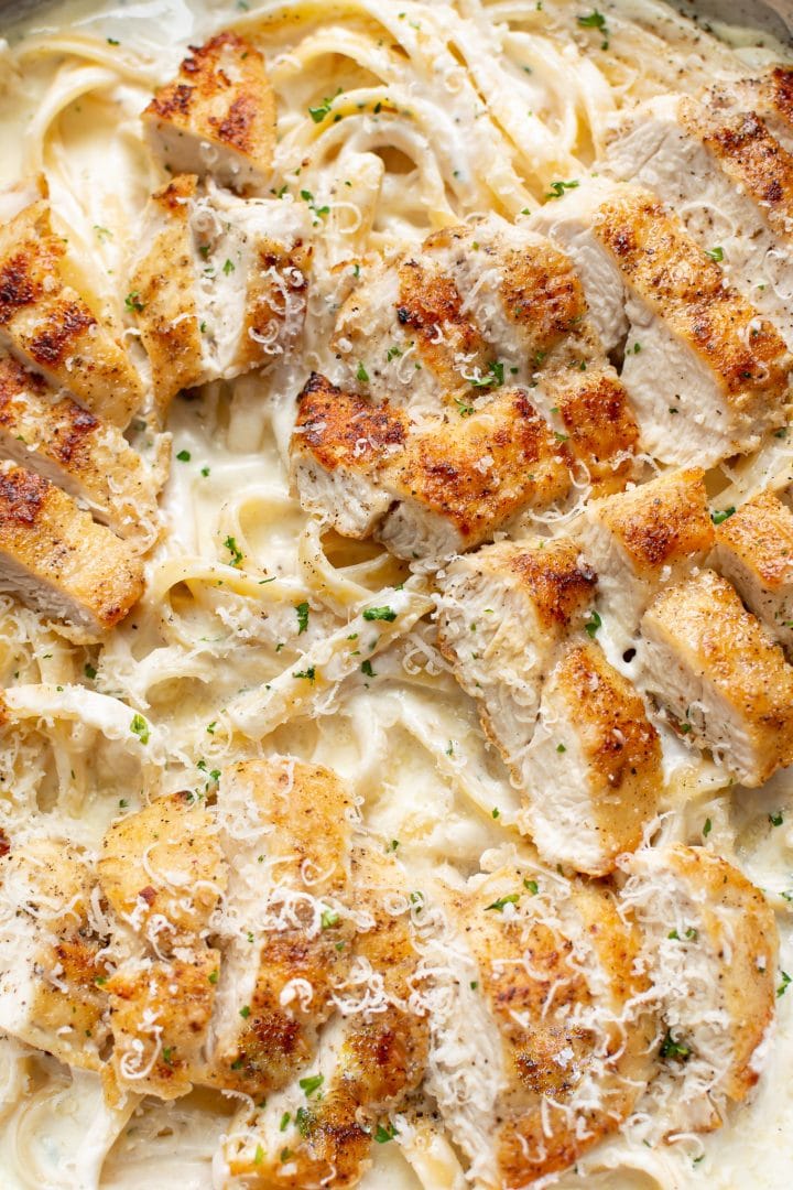 close-up of chicken fettuccine alfredo