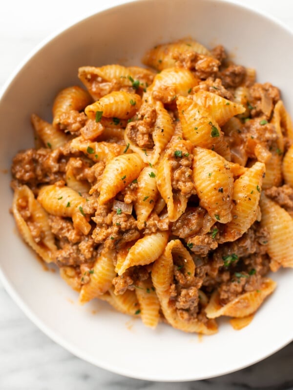 a bowl of creamy beef and shells pasta