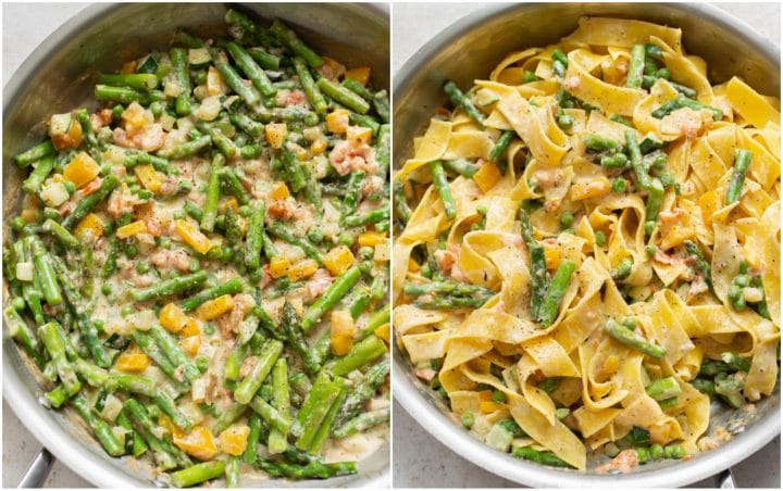 collage of primavera sauce in a skillet and then the primavera sauce tossed with the pasta in the skillet