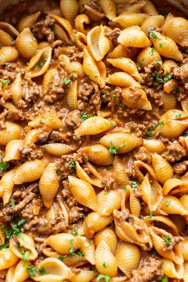 creamy beef and shells close-up