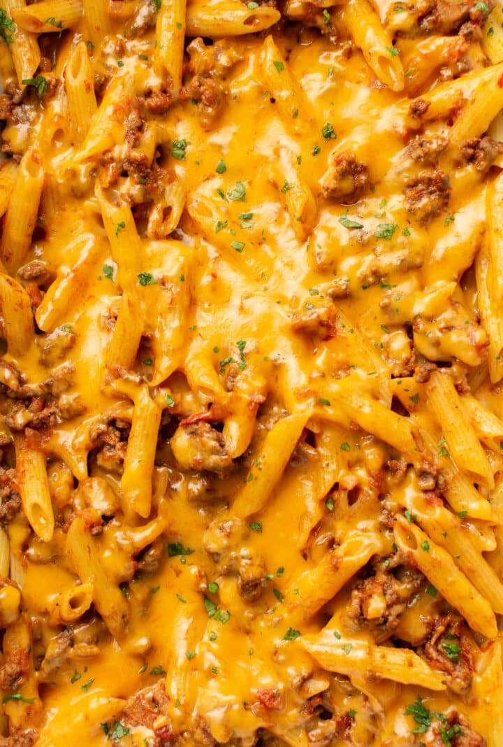 closeup of cheesy ground beef casserole