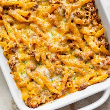 hamburger pasta casserole in a baking dish