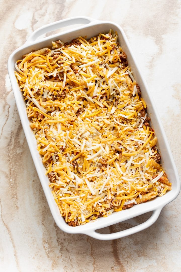 ground beef casserole in a baking dish (ready for the oven)