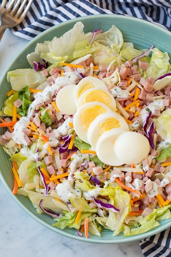 close-up of ham and cheese salad with homemade ranch