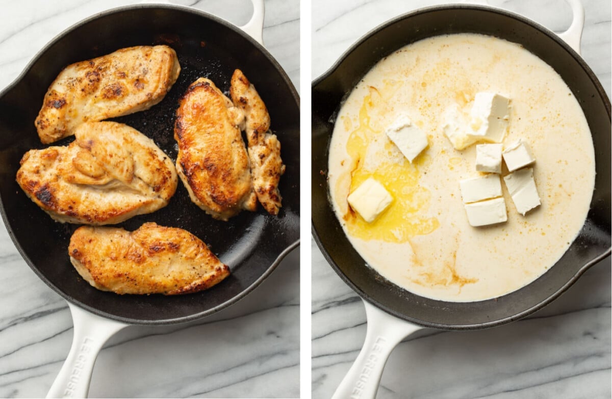 pan frying chicken in a skillet and then making alfredo sauce