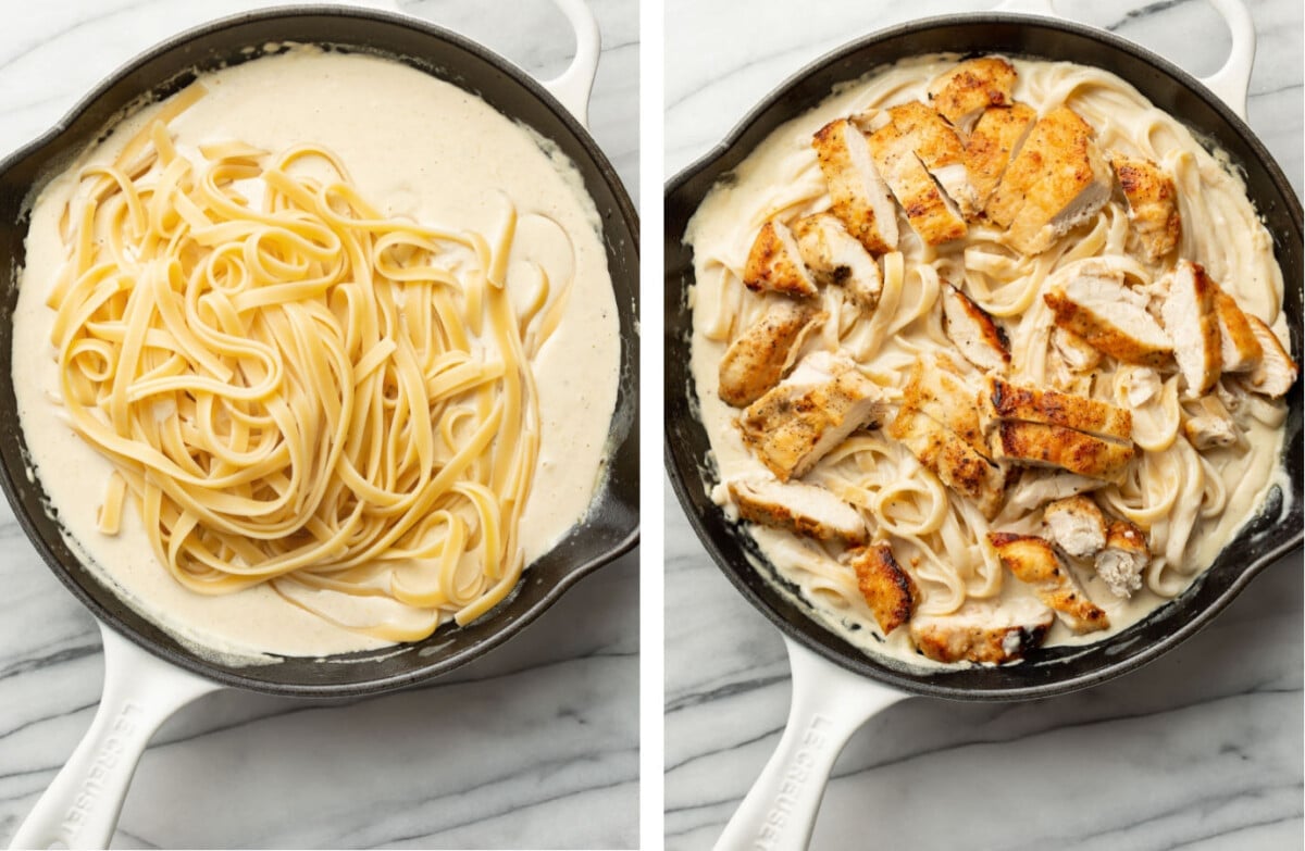 tossing fettuccine pasta in a skillet with alfredo sauce and adding pan fried chicken