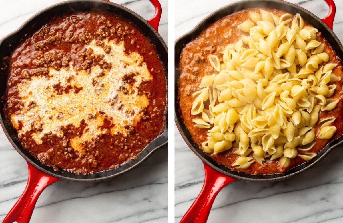 adding cream to pasta sauce in a skillet and tossing with drained pasta