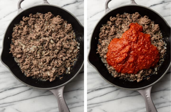 sauteing ground beef in a skillet and adding marinara sauce