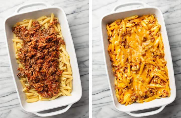 ground beef casserole before and after baking