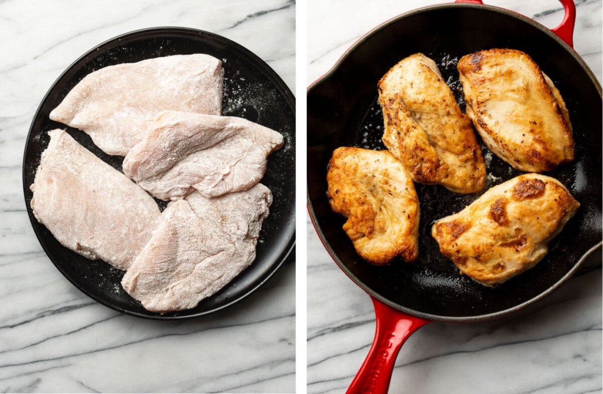 dredging chicken in flour and pan frying it in a skillet