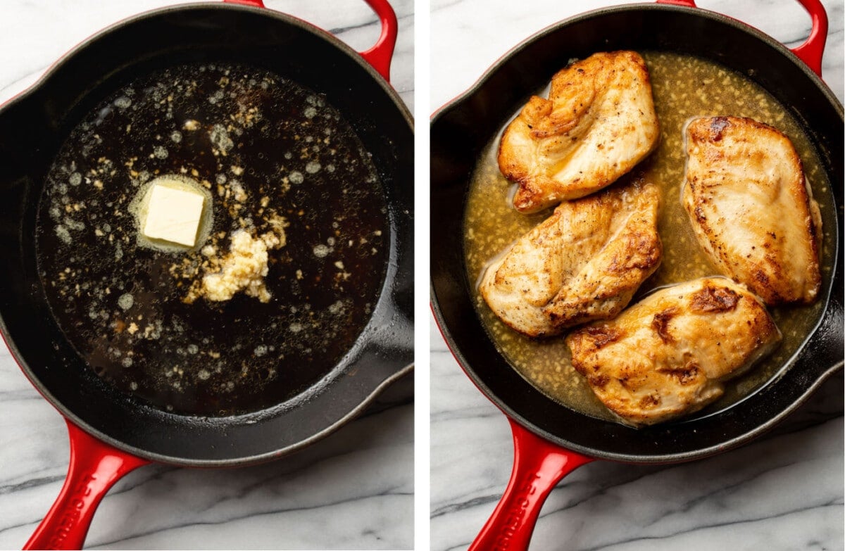 making honey soy sauce garlic sauce in a skillet and adding in chicken