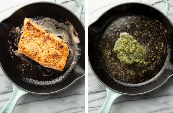 pan frying salmon and making pesto sauce in a skillet