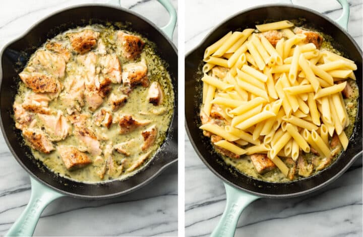 breaking up salmon in a skillet into pieces and tossing with penne to make salmon pesto pasta