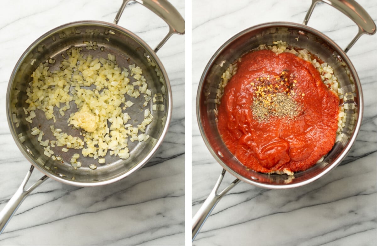 sauteing onion and garlic in a saucepan and adding tomatoes