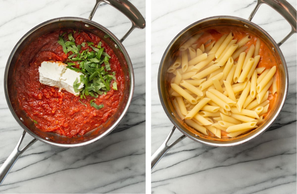 making tomato goat cheese sauce in a saucepan and then adding in pasta