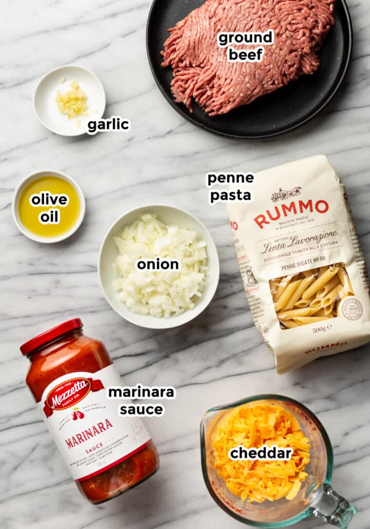 ingredients for ground beef casserole on a counter