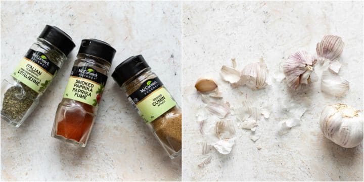 pantry staples collage (spice jars and fresh garlic)