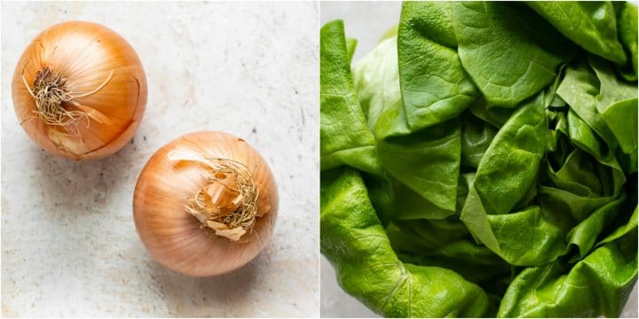 collage of onions and butter leaf lettuce