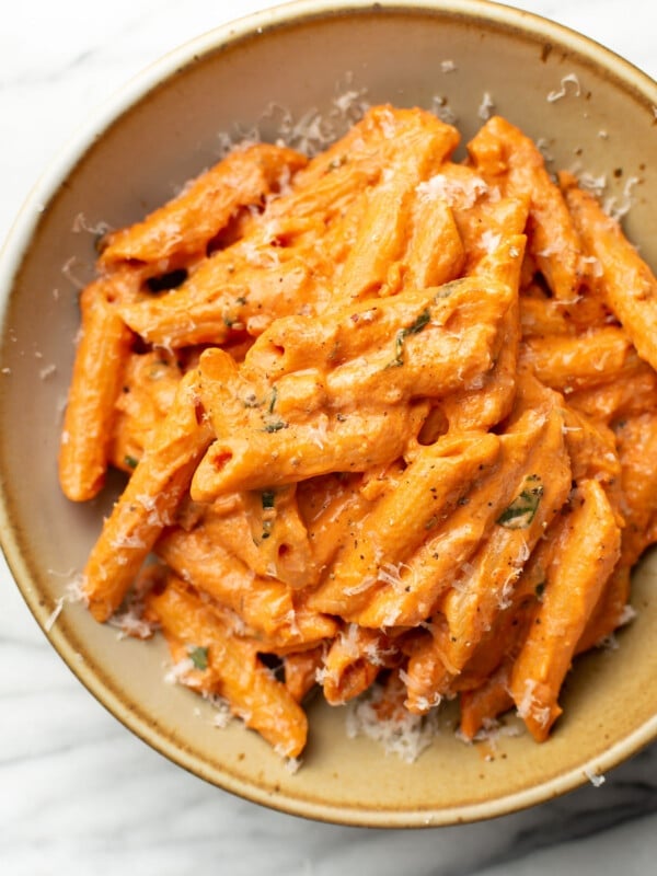 a bowl of tomato goat cheese pasta