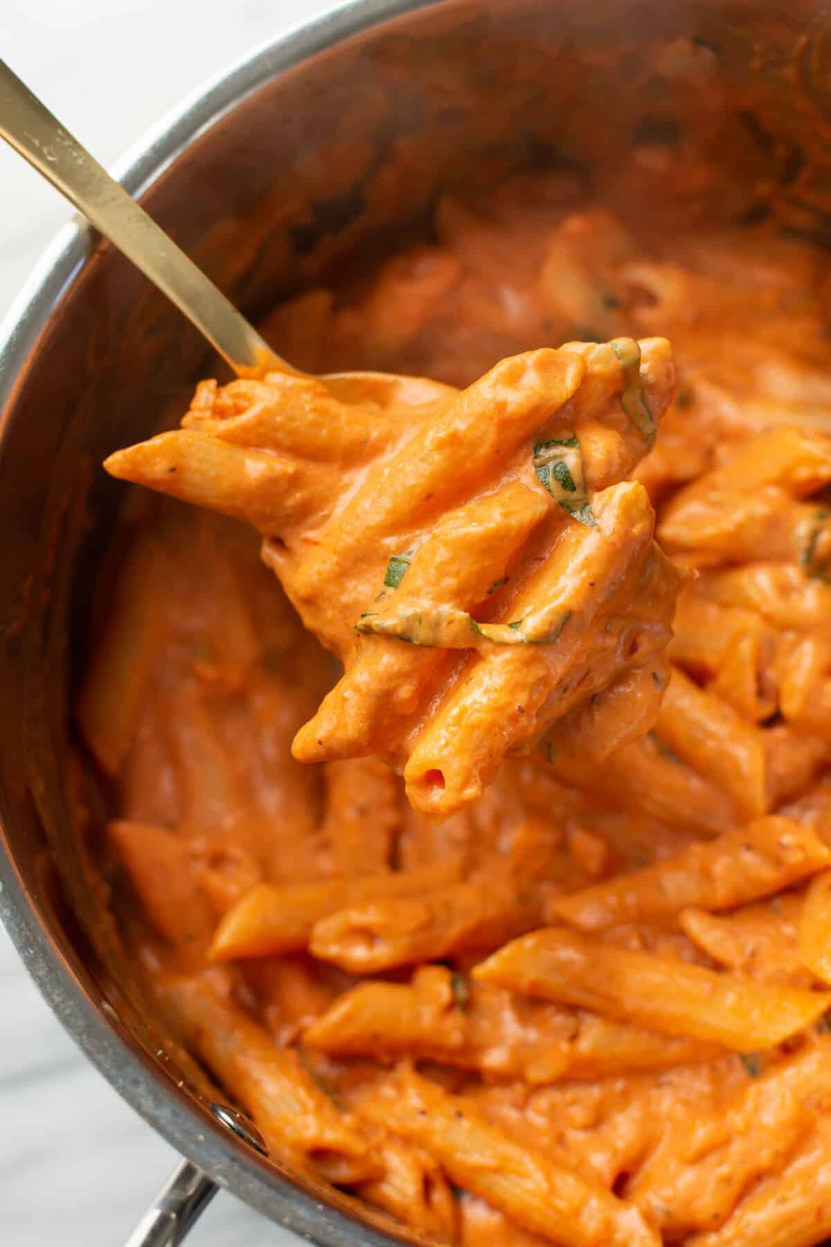 a serving spoon with creamy tomato goat cheese pasta