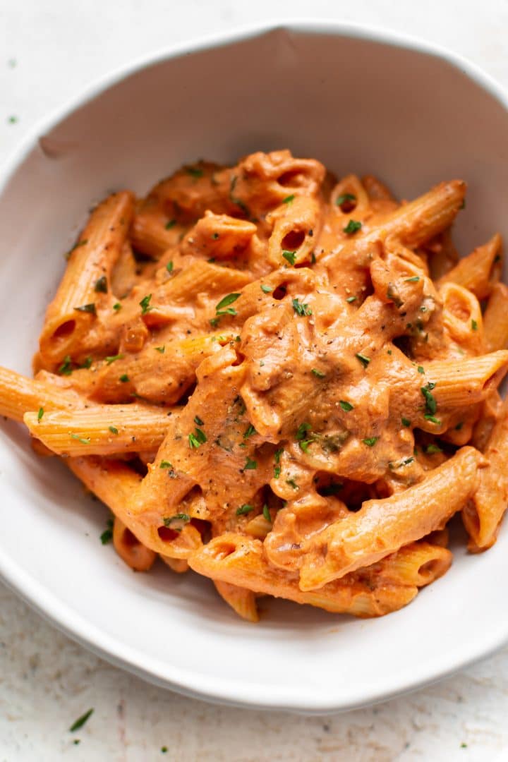 creamy tomato goat cheese pasta close-up