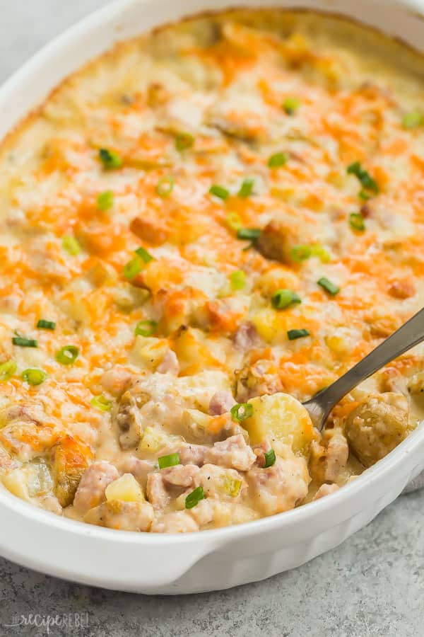 close-up of twice baked potato casserole with ham