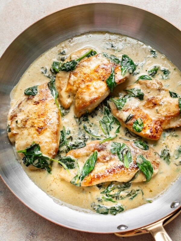 chicken florentine in copper skillet