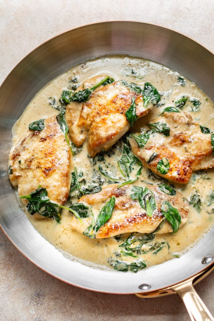 chicken florentine in copper skillet