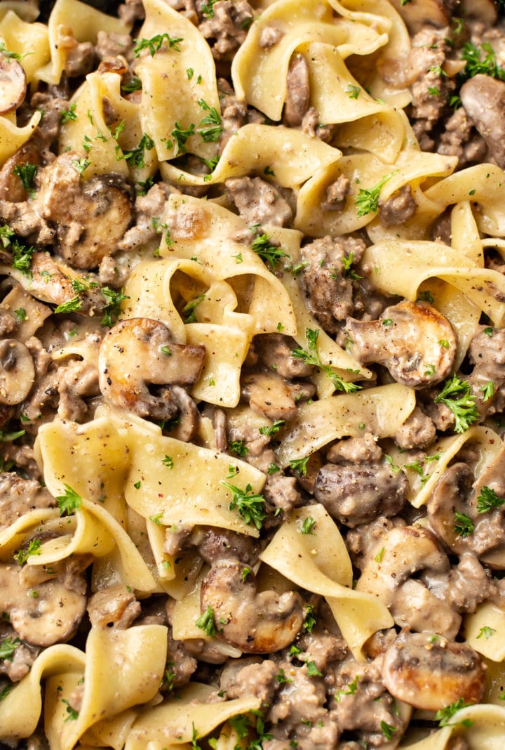close-up of the BEST ground beef stroganoff recipe with egg noodles