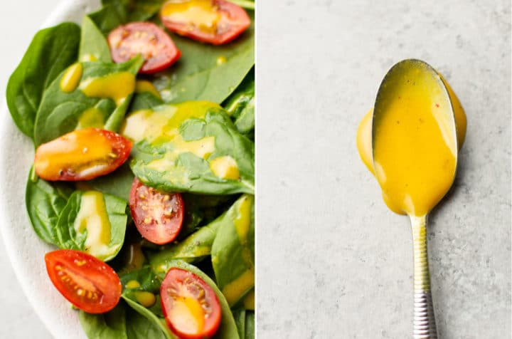 collage of a spinach and tomato salad with honey mustard dressing and a spoon with honey mustard salad dressing on a grey background