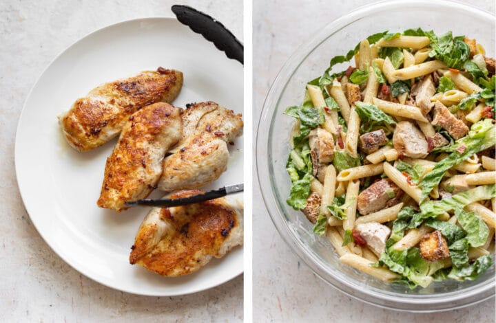 grilling chicken and assembling chicken caesar pasta salad