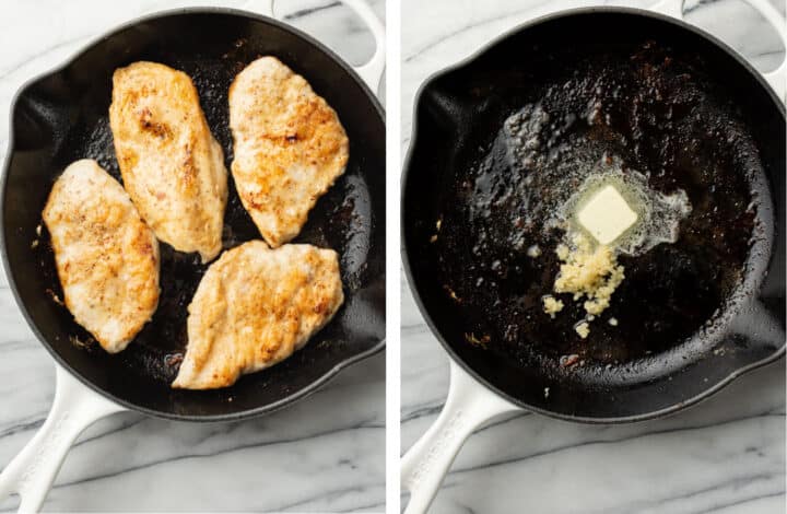pan frying chicken in a skillet and then frying butter with garlic for chicken florentine