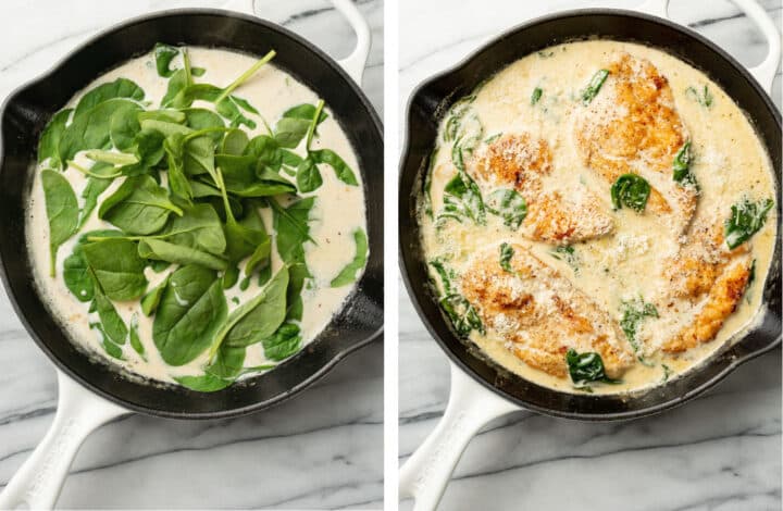 making sauce for chicken florentine in a skillet and adding spinach