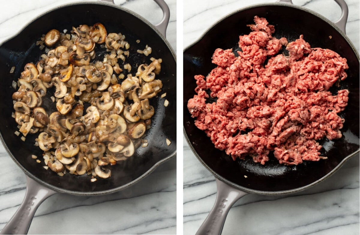 sauteing mushrooms and onions in a skillet, followed by browning ground beef