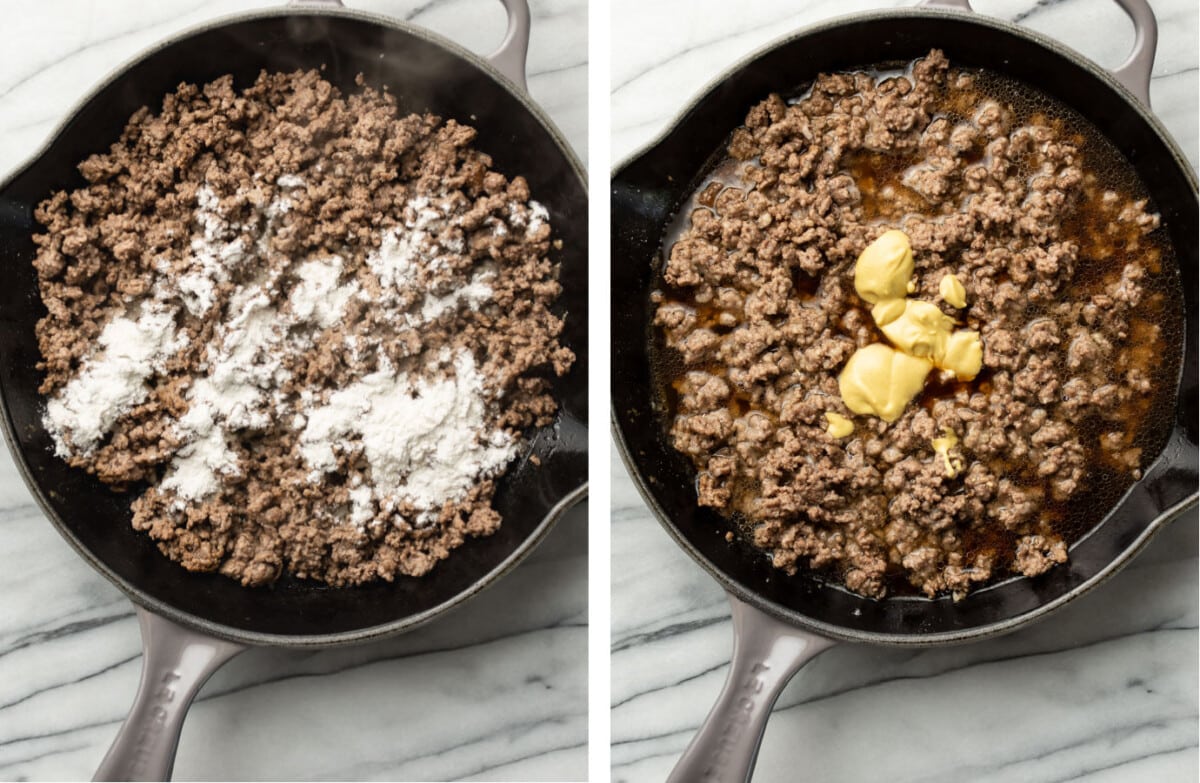 adding flour and then mustard and worcestershire sauce to a skillet with ground beef