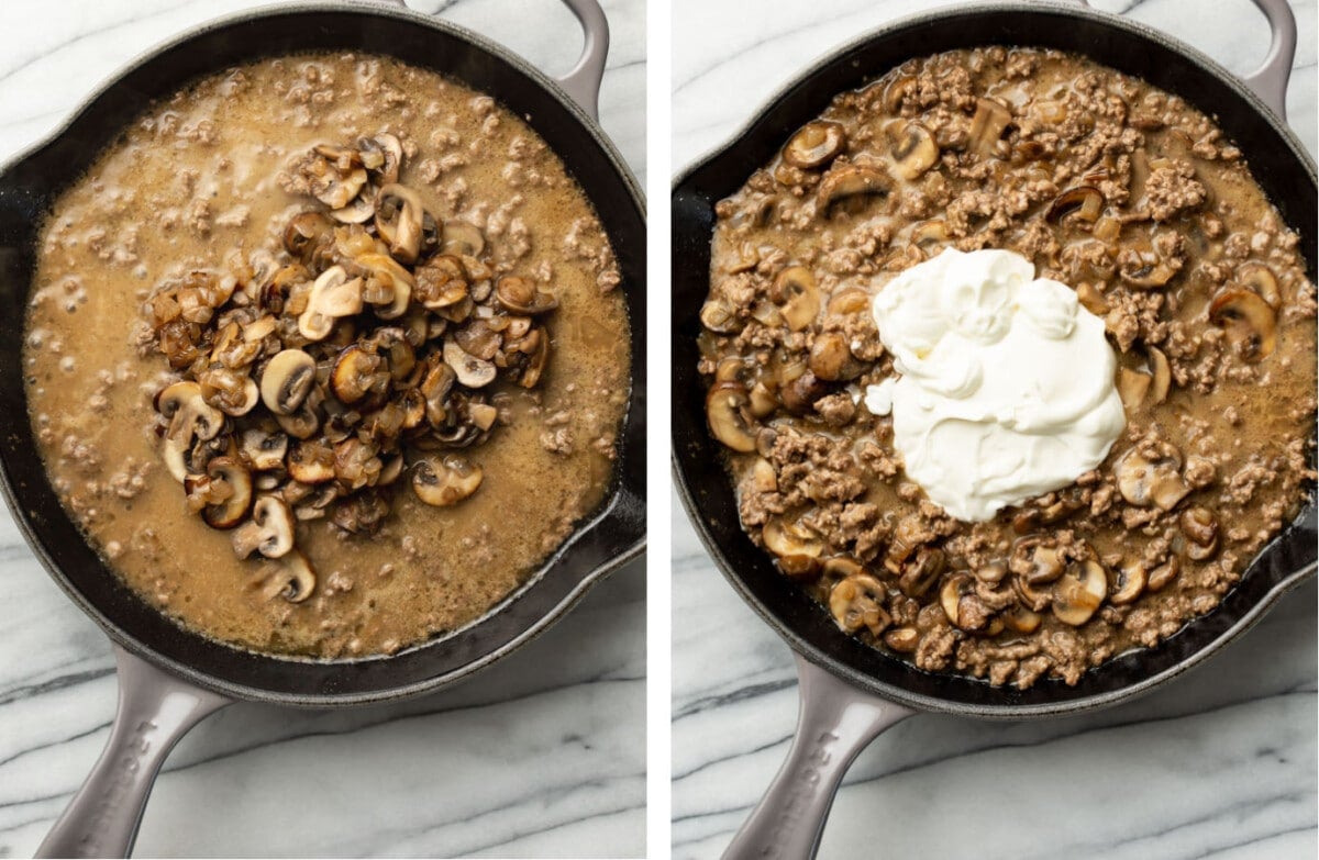 adding mushrooms and sour cream to a skillet with ground beef stroganoff