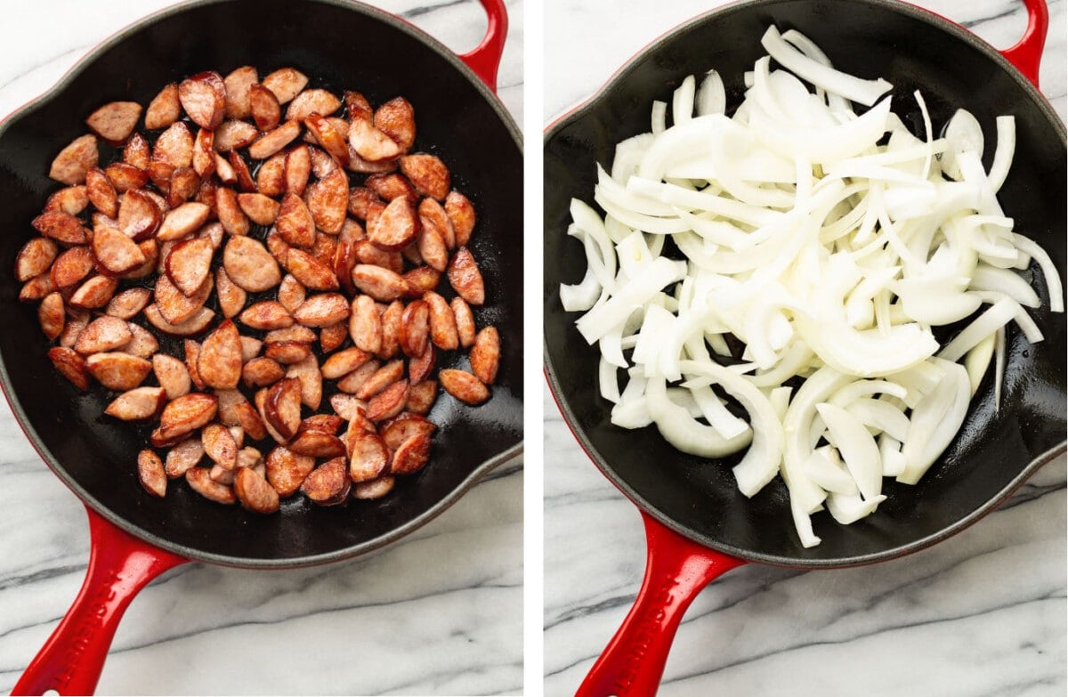 pan frying sausage in a skillet then sauteing onions