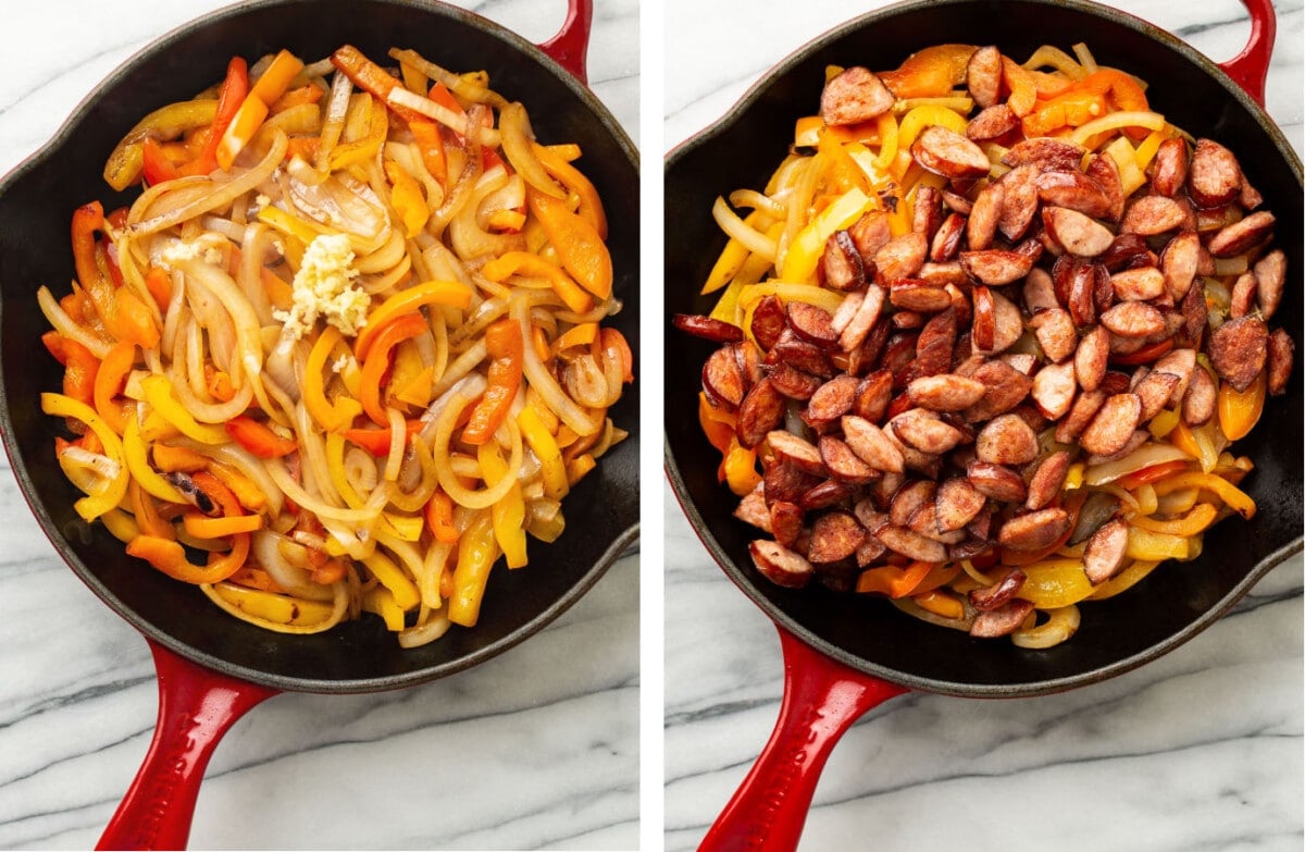 stirring in garlic to a skillet with bell peppers then adding in sausage