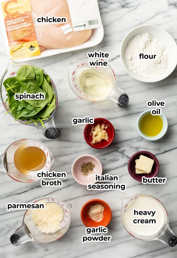 ingredients for chicken florentine in prep bowls