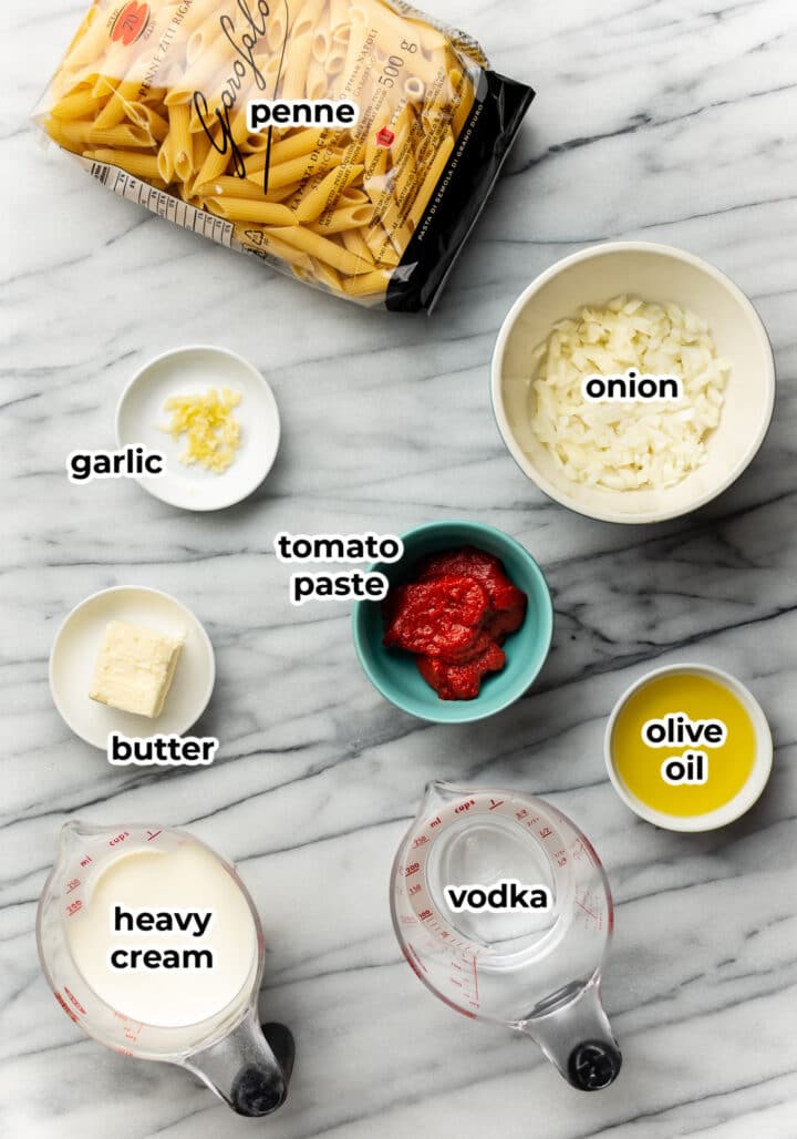 ingredients for penne alla vodka on a counter
