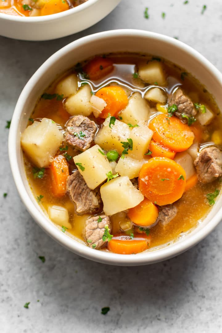 Instant Pot beef and vegetable soup in two bowls