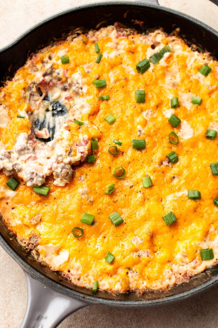 hot sausage dip in a skillet