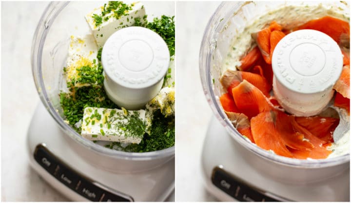 smoked salmon dip collage (ingredients in food processor)